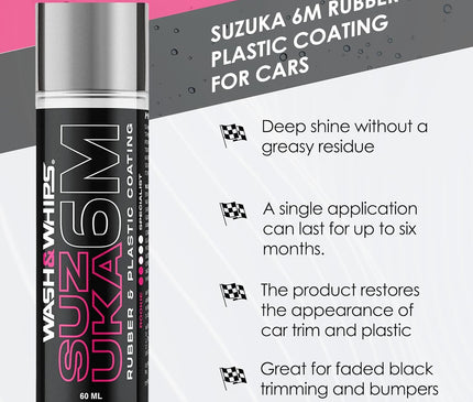 WASH&WHIPS Suzuka 6M Rubber & Plastic Coating for Cars, Restores and Brings Back Black - Concentrated Formula Non-Greasy, 60ml