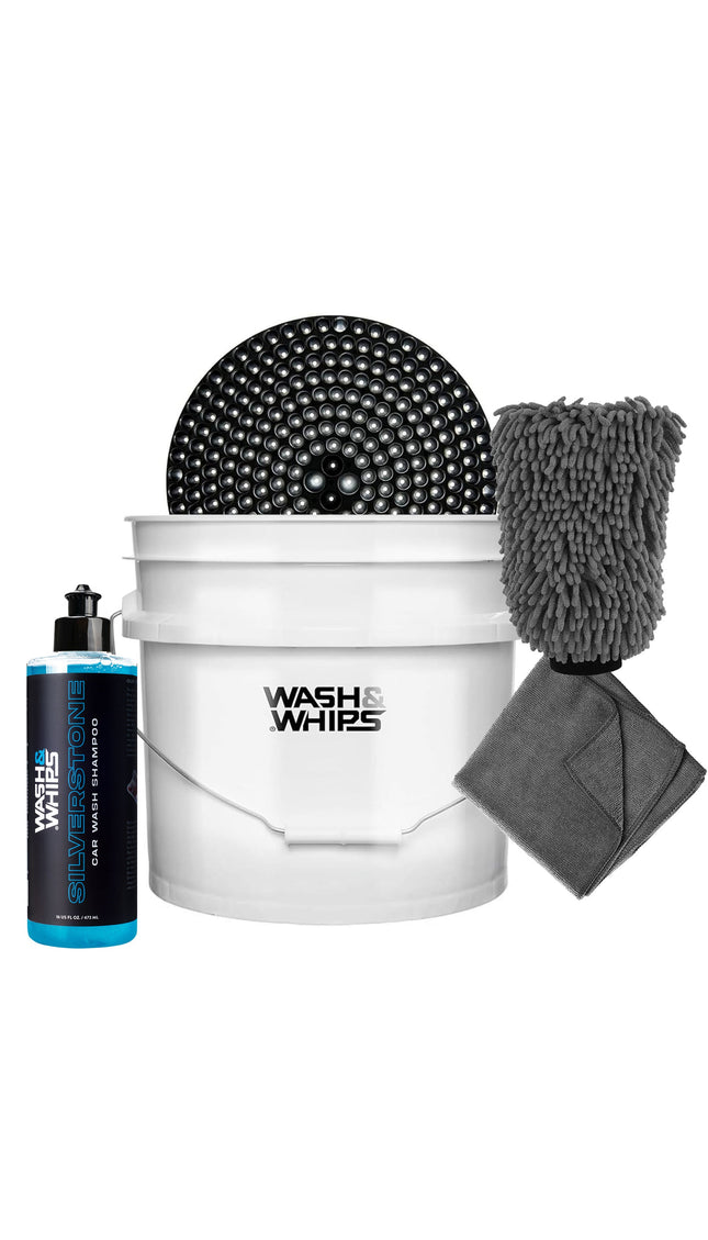 WASH & WHIPS Car Wash Kit - 3-Gallon Bucket with Particle Interceptor Trap, Shampoo, Chenille Mitt & Microfiber Soft Towel, 5pcs