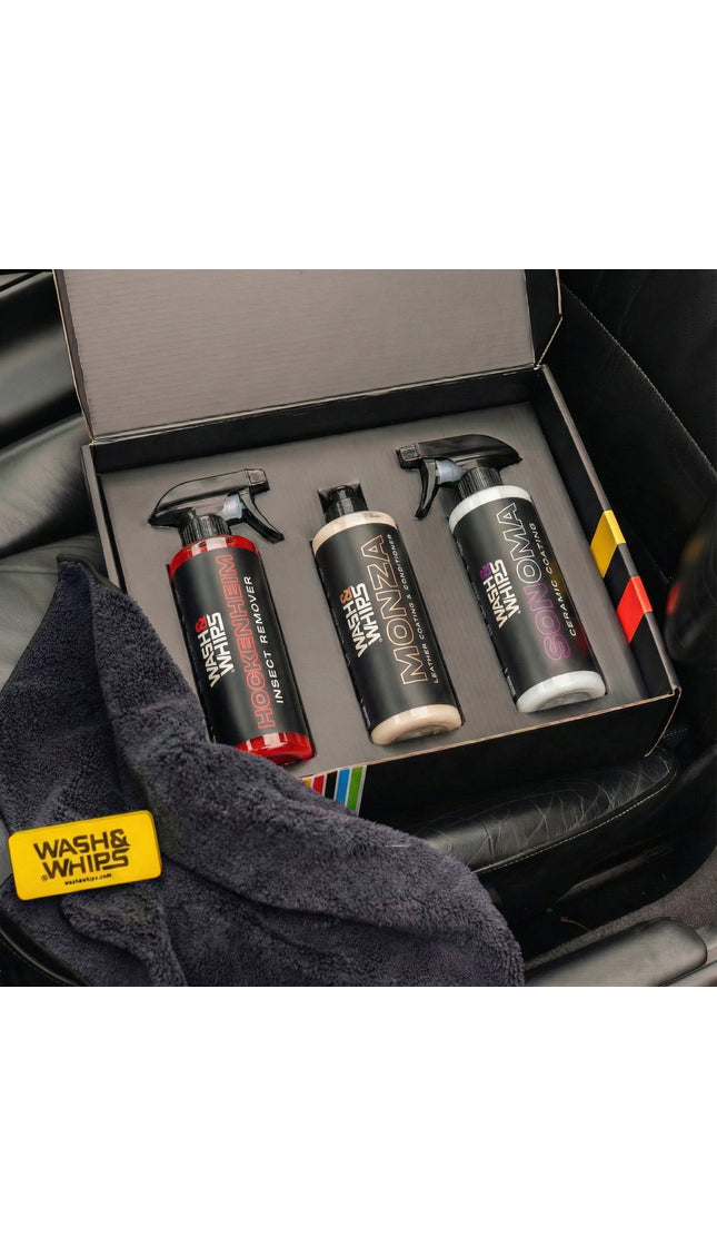 WASH&WHIPS MotoPro Motorcycle Detailing Kit - Bug Remover, Leather Care, Ceramic Spray