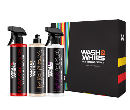 WASH&WHIPS MotoPro Motorcycle Detailing Kit - Bug Remover, Leather Care, Ceramic Spray